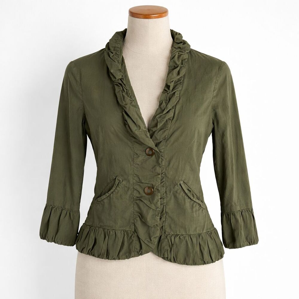 XCVI Jacket Size XS Green Blazer Ruffle Ruched Hem Pockets Artsy Cotton